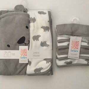 NEW Baby Bath Set 1 Hooded & 1 Bath Towel 6 Washcloths Gray Bears | Carter’s